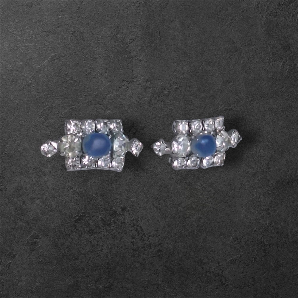 Antique Silver and Blue Cluster Stud Earrings Screw-on - ESTATE SALE